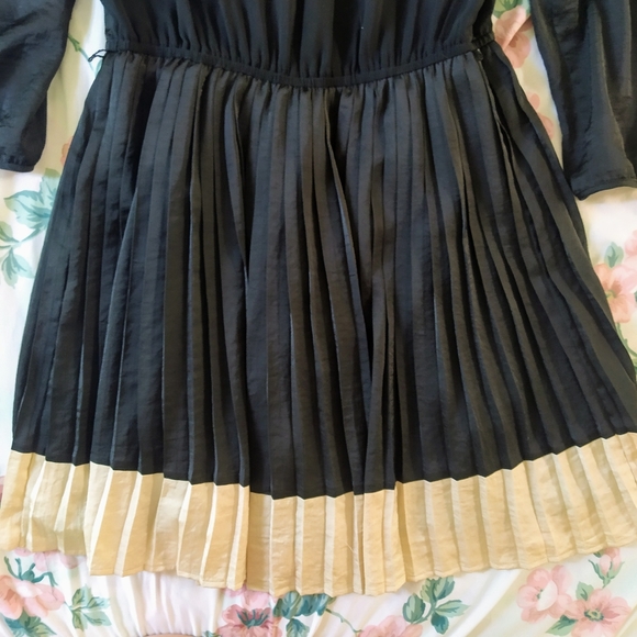 Pleated Colorblock Black Long Sleeve Dress - Picture 3 of 7